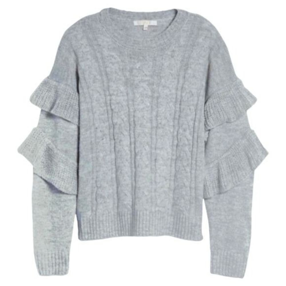 WAYF Sophie Crop Cable Knit Sweater Heather Gray Ruffle Sleeve Women Large Crew